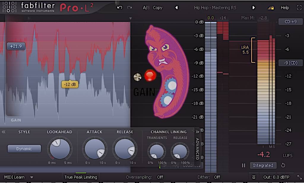Пережатый трек в лимитере FabFilter Pro-L 2: срез пиков до 12 дБ, интегральная громкость −4,2 LUFS